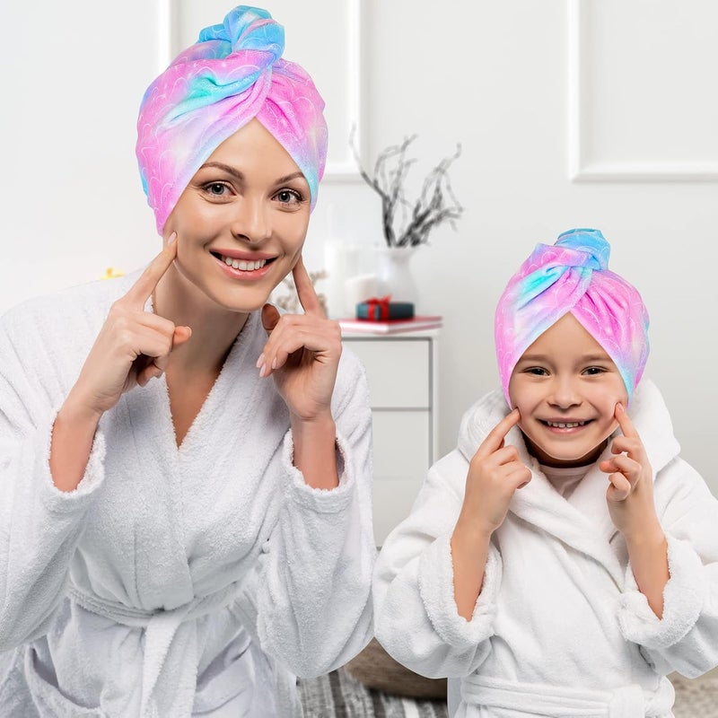 Basumee Microfiber Hair Towel Wrap for Kids 2 Pack Rapid Drying Hair Towel with Button Hair Turbans for Wet Hair Wraps Head Towel Wrap for Women and Girls, Light Mermaid - Image 2